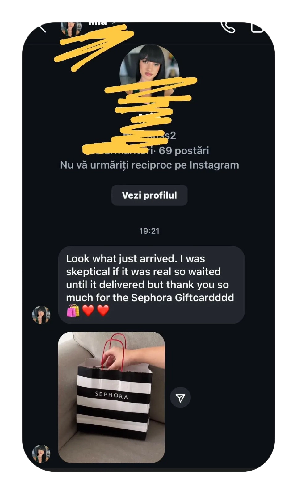 Instagram message about a Sephora gift card that just arrived